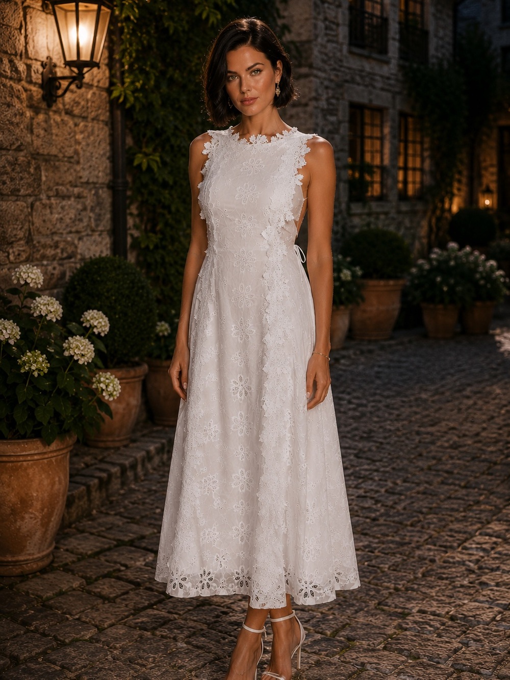Sleeveless White Lace Maxi Dress with Floral Embroidery